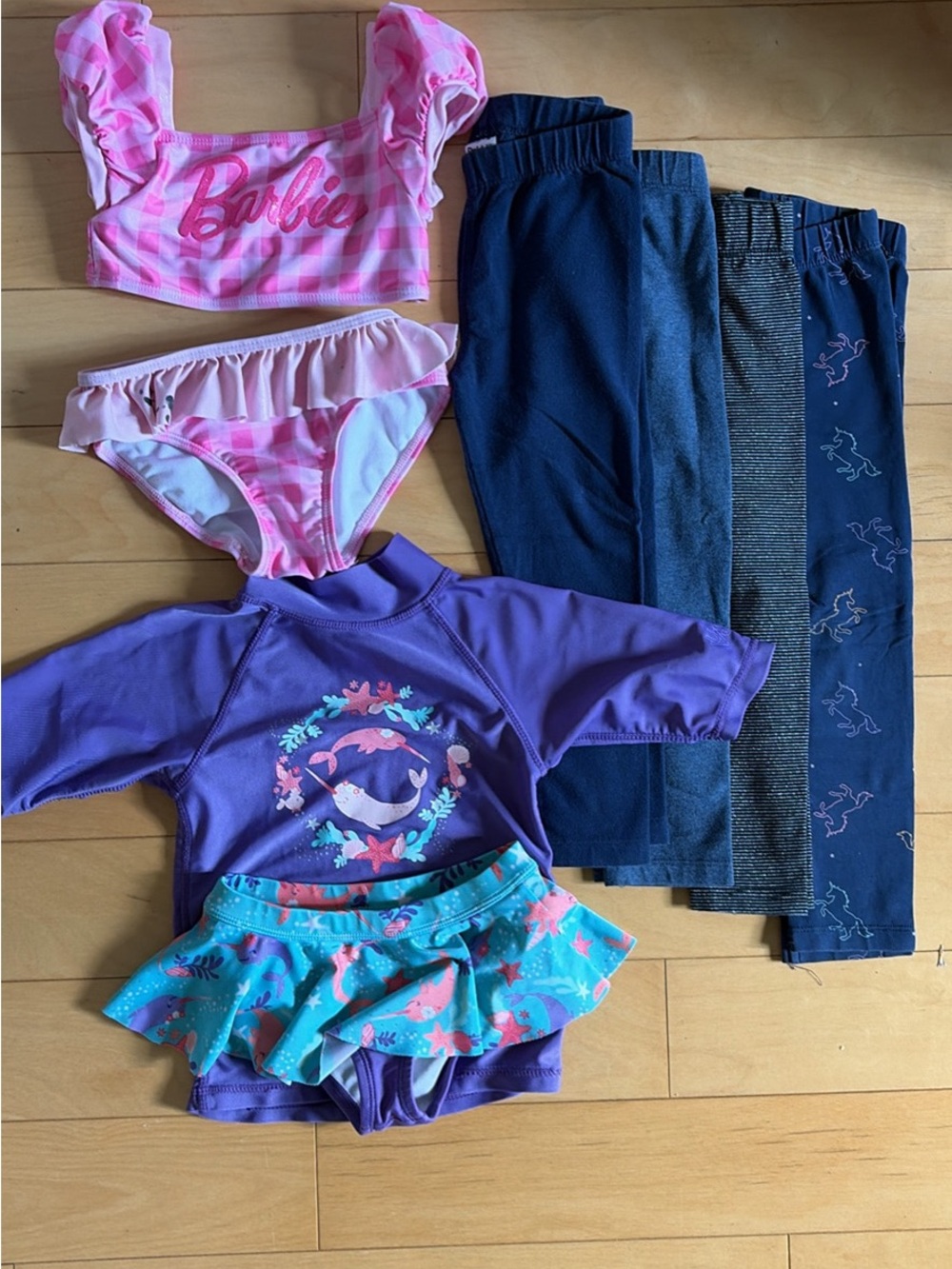 Barbie Pink Gingham Two-Piece Swim Set & Purple Rash Guard Outfit